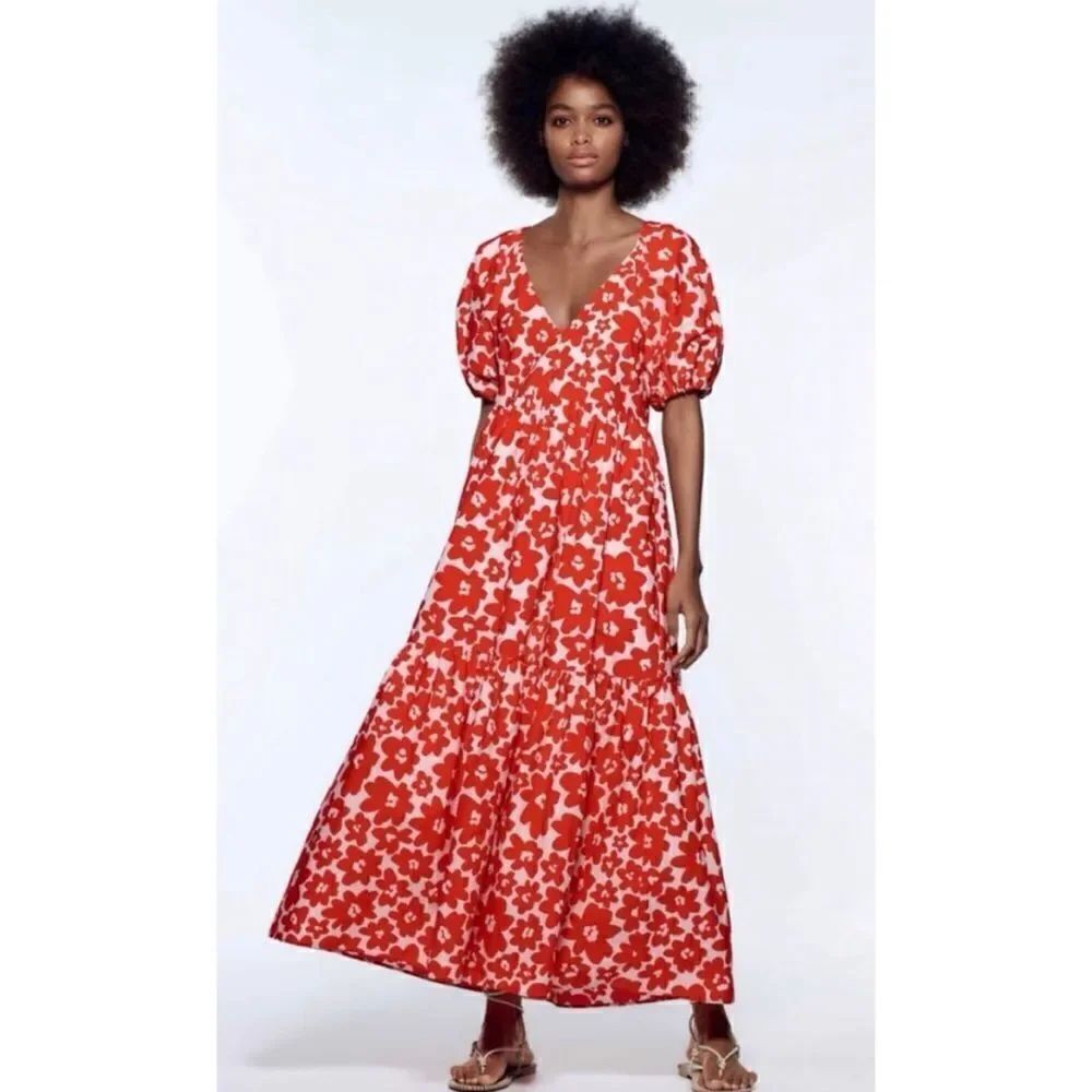 ZARA RED WHITE FLORAL PRINT V-NECK PUFF SLEEVES POPLIN MIDI DRESS XS